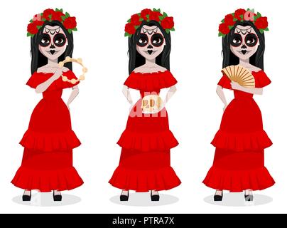 Le Jour des Morts, fête traditionnelle ensemble de trois poses. Belle fille avec spooky body art holding tambourine, tenant le crâne et la tenue du ventilateur. Vector Illustration de Vecteur