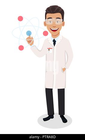 L'homme scientifique. Beau personnage modèle montrant de l'atome. Vector illustration sur fond blanc. Illustration de Vecteur