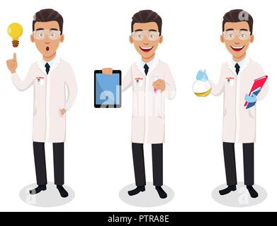 L'homme scientifique, ensemble de trois poses. Beau personnage ayant une bonne idée, holding test tube et holding tablet. Vector illustration sur blanc b Illustration de Vecteur