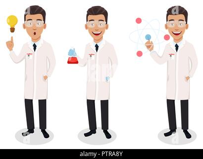 L'homme scientifique, ensemble de trois poses. Beau personnage ayant une bonne idée, holding flask et montrant le modèle de atome. Vector illustration sur whit Illustration de Vecteur