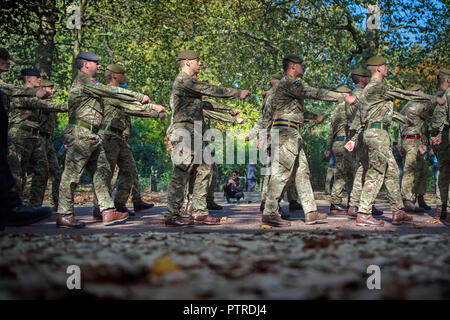 Le personnel de l'armée vers le bas mars volière à pied à Londres dirigé par la bande de les Grenadier Guards à une réception au Palais de Westminster. Banque D'Images