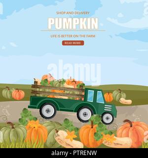 Citrouilles dans un camion vecteur. Hôtel restauration saison d'automne la récolte Illustration de Vecteur