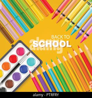 Carte de la rentrée avec des crayons de couleurs, marqueurs et palette aquarelle Vector illustration Illustration de Vecteur