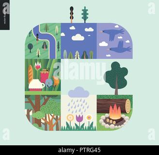 Des choses simples - forest situé sur un fond de menthe - télévision cartoon vector illustration d'oiseaux, Ciel, nuages, vue de dessus camp avec rivière, repas en t, forêt, Illustration de Vecteur