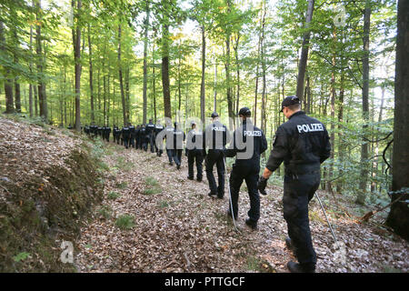 Burgsinn, Bavière. 11Th Oct, 2018. Une centaine de policiers sont à pied à travers une forêt. Dans le cadre de la disparition d'un quatre-temps mère il y a 13 ans, la police a fouillé une zone forestière en Basse-franconie, jeudi matin. Credit : Karl-Josef Opim/dpa/Alamy Live News Banque D'Images