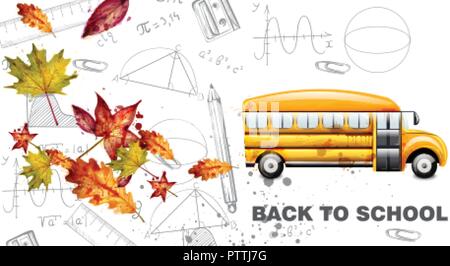 Retour à l'école carte aquarelle vecteur. Le bus jaune et les feuilles. Arrière-plan des symboles mathématiques Illustration de Vecteur