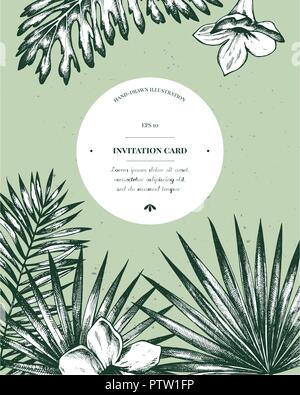 Conception de cartes d'invitation avec des plantes exotiques. Hand drawn vector illustration très détaillées Illustration de Vecteur