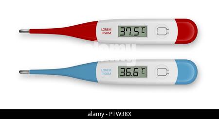 Vector 3D réaliste celsius thermomètre médical électronique de mesure définie. closeupisolated 37,5 36,6 de fièvre et normal. Modèle de conception de thermomètre numérique montrant la température. Vue d'en haut Illustration de Vecteur