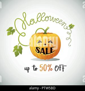 Offres spéciales Halloween. Bannière colorée avec mignon Pumpkin et ventes texte. Vector illustration. Illustration de Vecteur