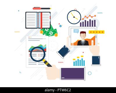 L'évaluation de l'appui financier, conseil investissement. Témoignages de clients, commentaires, cote et aimé. Financial business concept design plat en v Illustration de Vecteur