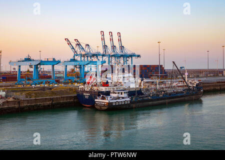 Les transporteurs de gaz, les pétroliers, les grues, et bateaux du port, port, vu depuis un ferry au coucher du soleil, le port de Zeebrugge, Belgique, Banque D'Images