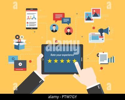 Système de notation sur l'écran de tablette avec des étoiles. Commentaires et de qualification en discussion, les médias sociaux, le marketing, la vidéo, le marché en ligne, des photos et des e-mails en télévision Illustration de Vecteur
