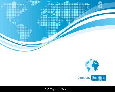 Arrière-plan modèle business bleu avec carte du monde. Concept de présentation Présentation d'affaires avec des formes de vagues bleues sur fond blanc en vec Illustration de Vecteur