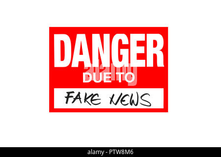 Inscrivez-vous en danger fake news isolé sur blanc avec lettres noires Banque D'Images