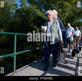 Une vieille dame porte un petit chien sur un pont sur la rivière Wye de Bakewell, Derbyshire Banque D'Images