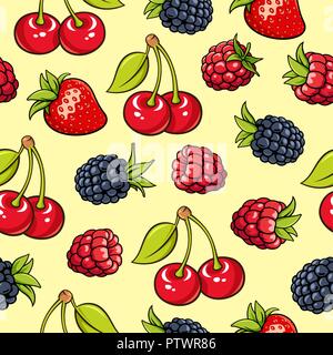 Fond transparent avec fraise, mûre, framboise, cerise. Jardin des petits fruits sur fond jaune. Utiliser comme un modèle pour le tissu, page web backgroun Illustration de Vecteur