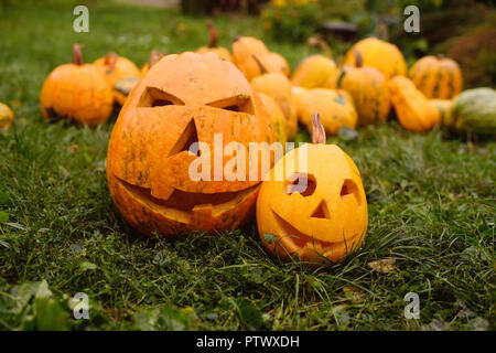 Deux de citrouille sculptée avec une bouche et des yeux - Jack's lights sur la toile de nombreuses citrouilles à l'Halloween Banque D'Images