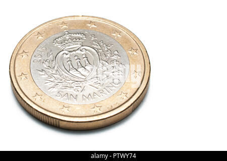 San Marino 1 euro coin isolé sur fond blanc, macro shot Banque D'Images