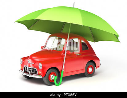 Voiture rouge sous un parapluie. 3D illustration Banque D'Images