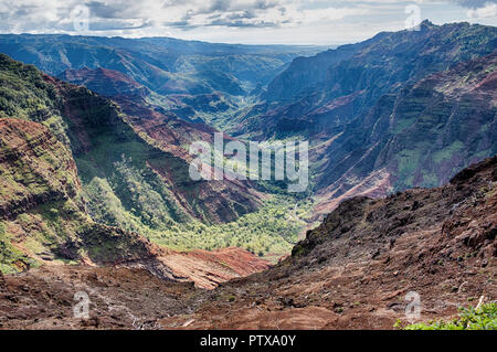 Un point de vue d'une partie de la Waimea Canyon sur l'île de Kauai ; montre la profonde vallée et la jungle tropicale. Banque D'Images