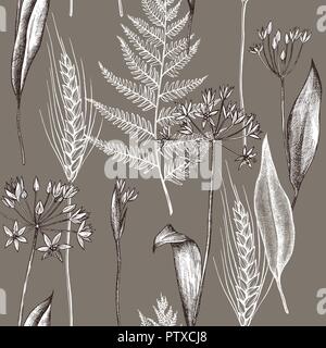 Modèle de vecteur seamless pattern plantes d'automne. Hand drawn vector illustration Illustration de Vecteur