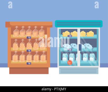 Réfrigérateur avec étagère de supermarché et des produits Illustration de Vecteur