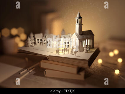 Une pile de livres avec un livre De Noël Flash ouvert révélant une ville de noël. 3D illustration. Banque D'Images