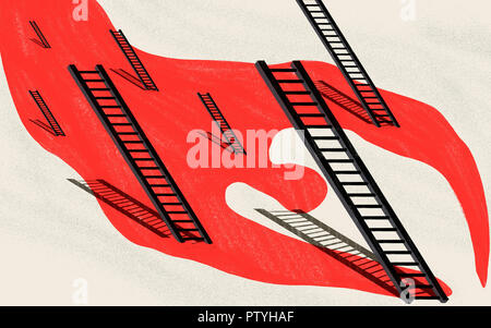 Épidémie mondiale de suicides. Métaphore visuelle. Conceptual illustration montrant une figure humaine de sang et les escaliers comme des lieux d'un suicide. O rouge et noir Banque D'Images