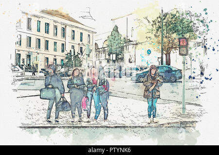 Une aquarelle ou une illustration. Les piétons rue transversale à Lisbonne. Les filles ou des amis et se tenir sur intersection. Rouge feu de circulation ou de trafic Banque D'Images