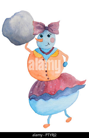 Carte de souhaits avec Bonhomme de neige, fille en jupe aquarelle Banque D'Images