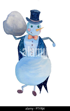 Carte de voeux bonhomme de neige avec des queues en aquarelle Banque D'Images