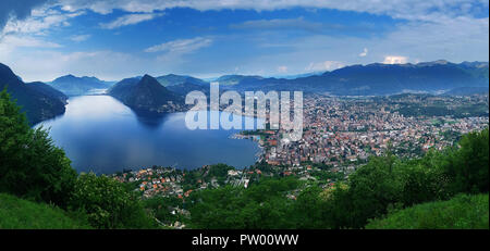 Lugano, Suisse, le 12 mai 2018. Belle vue panoramique sur la ville de Lugano à partir de Monte Brè Mountain. Banque D'Images
