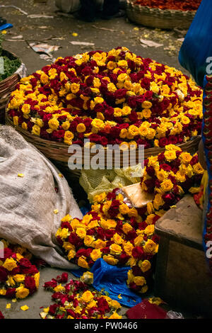 Affichage d'un panier plein de smallyellow et roses rouges pour la vente à un marché aux fleurs en gros à l'intérieur, de l'Inde. Banque D'Images