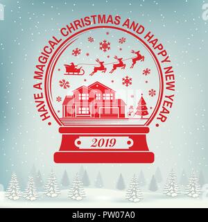 Avoir un Noël magique et Bonne Année stamp, autocollant fixé avec des flocons, noël snow globe. Vector illustration. Design typographie vintage pour Noël, nouvel an style rétro dans l'emblème Illustration de Vecteur