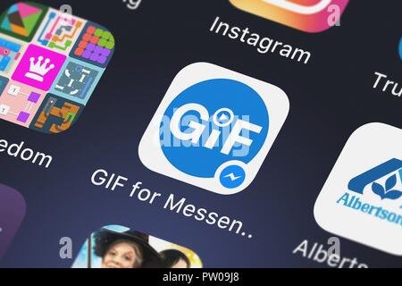 Londres, Royaume-Uni - 11 octobre 2018 : Capture d'écran de l'application mobile du ténor GIF pour Messenger. Banque D'Images