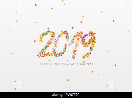 2019 Nouvelle Année. Texte coloré, nombres de confettis. Illustration de Vecteur