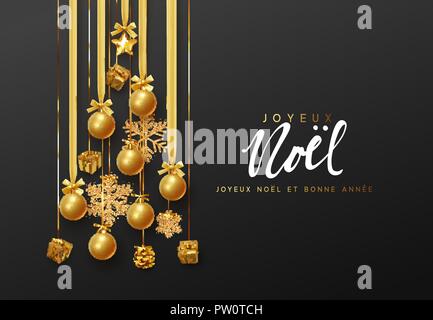 Lettrage français Joyeux Noel. Cartes de vœux de Noël, bannières, affiches, invitations lumineux. Suspension Design pin en rubans d'or décorations de ballons et des dons, la shining gold snowflake. Illustration de Vecteur