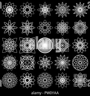 Ensemble de vingt cinq flocons blanc sur le fond noir, dessin à la main des éléments de conception de scénario Illustration de Vecteur