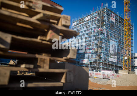 12 octobre 2018, Bade-Wurtemberg, Heilbronn : travaux de construction effectués sur la première tour en bois. Le bâtiment est situé sur le terrain du gouvernement fédéral montrent horticoles (Buga) 2019. Photo : Christoph Schmidt/dpa Banque D'Images