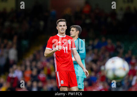 Cardiff, Wales, UK. 11 octobre 2018. Tom Lawrence de galles pendant le défi international match entre le Pays de Galle et l'Espagne à la Principauté Stadium Crédit : Mark Hawkins/Alamy Live News Banque D'Images