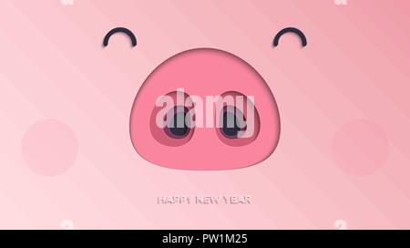 Bonne Année 2019 coupe papier arrière-plan. L'année du cochon. Vector illustration of cute funny face porcelet pour votre conception Illustration de Vecteur