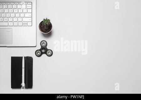 Un minimum d'espace de travail moderne. La composition avec coffre, cactus, ordinateur portable avec stylo et fidget spinner isolé sur blanc 24. Vue de dessus, pour mettre à plat conception Banque D'Images