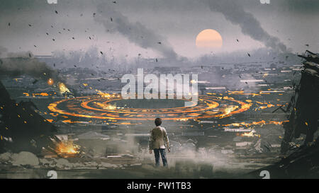 Post apocalypse scène montrant l'homme debout dans la ville en ruines et à la mystérieuse au cercle sur le terrain, de l'art numérique, style peinture illustration Banque D'Images