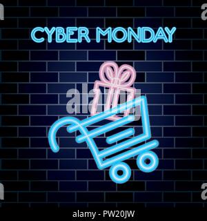 Cyber lundi vente panier cadeau neon vector illustration Illustration de Vecteur