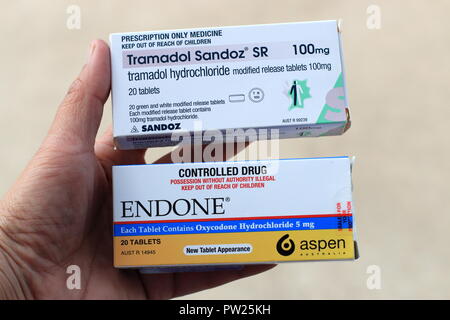 La médecine actuelle PAS Endone- Prescription antalgique et le Tramadol Sandoz - strong pain killer Banque D'Images