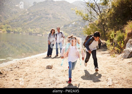 Les grands-parents avec petits-enfants randonnée par un lac de montagne Banque D'Images