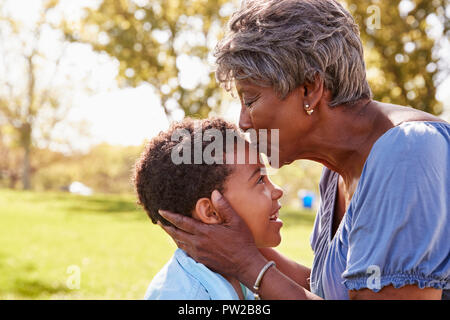 Close Up de grand-mère petit-fils embrasser dans Park Banque D'Images