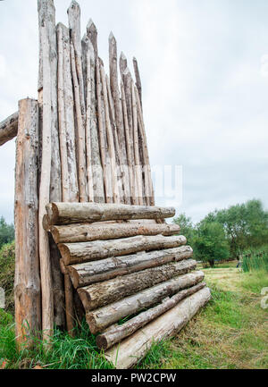 Grand rough old clôture en bois dans la forêt sombre journée d'été Banque D'Images