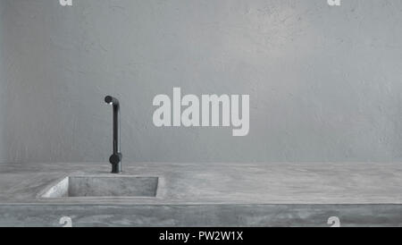 Noir moderne robinet et évier de la salle de cuisine avec comptoirs de ciment et d'herbe verte . Banque D'Images