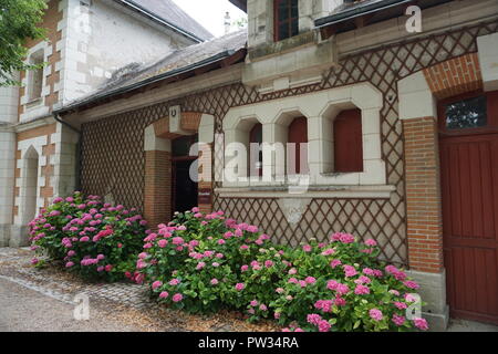 Vieux bâtiment en pierre calcaire avec les écuries d'hortensia rose en fleurs le long des murs et volets rouges et lattice Banque D'Images